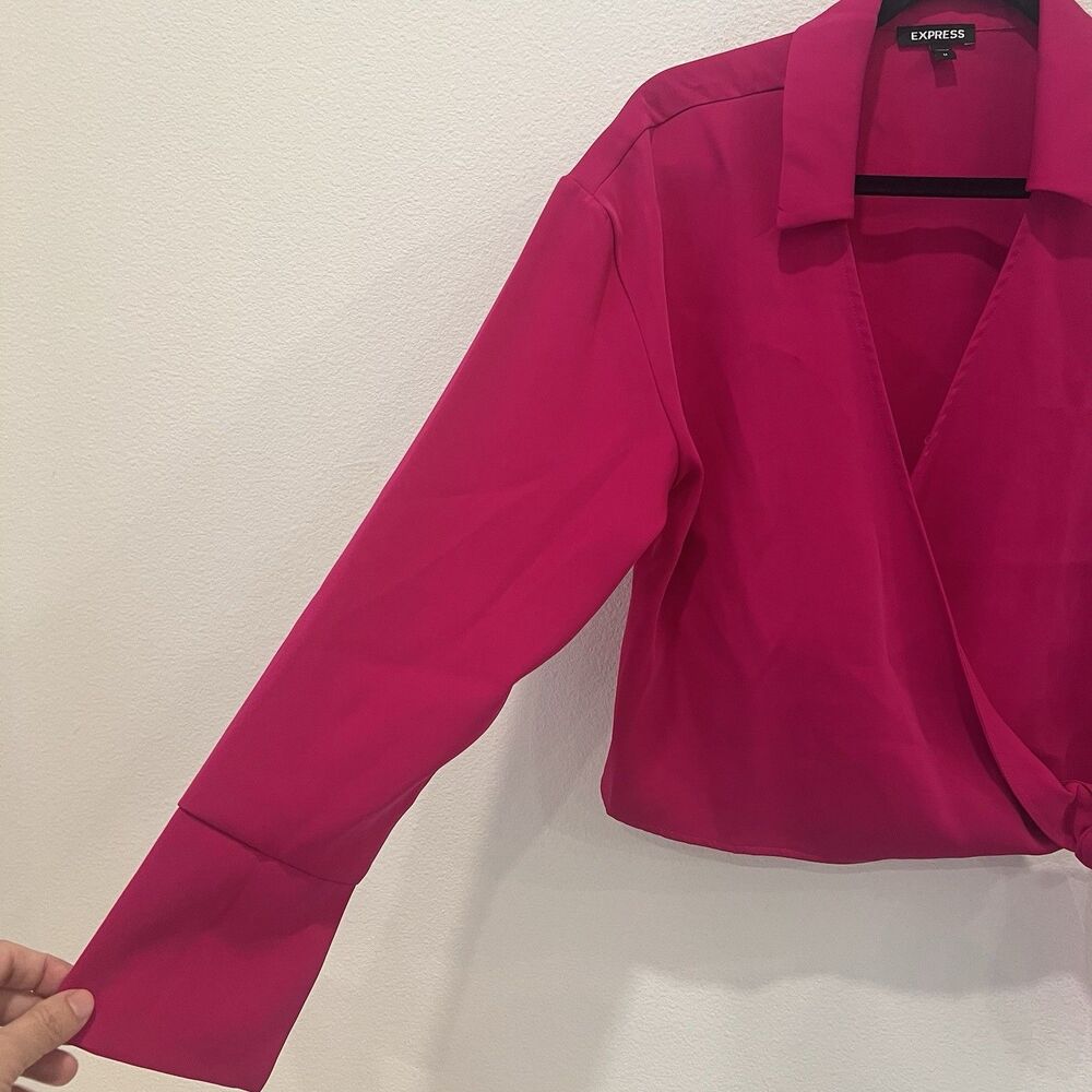 Express Pink Wrap Blouse with Tie Front and Long Sleeves Size Medium Pink - Picture 3 of 7